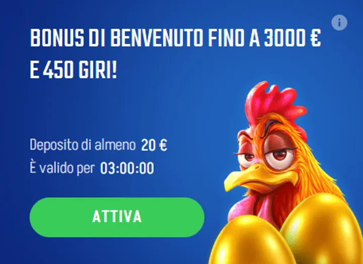 Bonus di benvenuto fino a 3000 euro e 450 giri